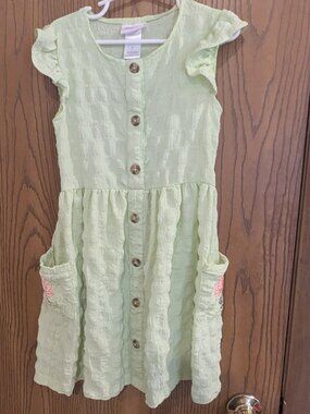 Little Lass Ruffle Sleeve Button Down Sundress Ebroidered Flower Pockets-5